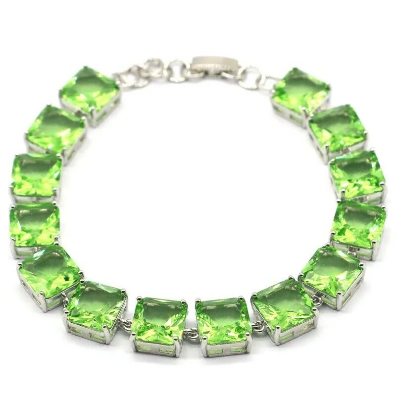 Trendy leather bracelets with charms-14k White Gold Plated Simulated Green Tsavorite Tennis Bracelet