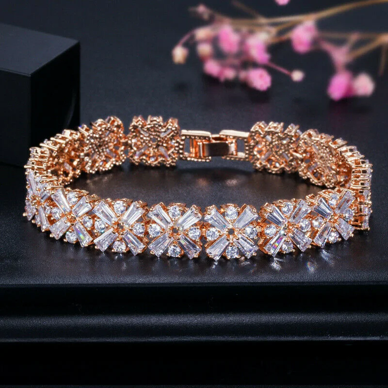 Custom initial bracelets with gemstones-18K Rose Gold Created White Sapphire Wedding Tennis Bracelet