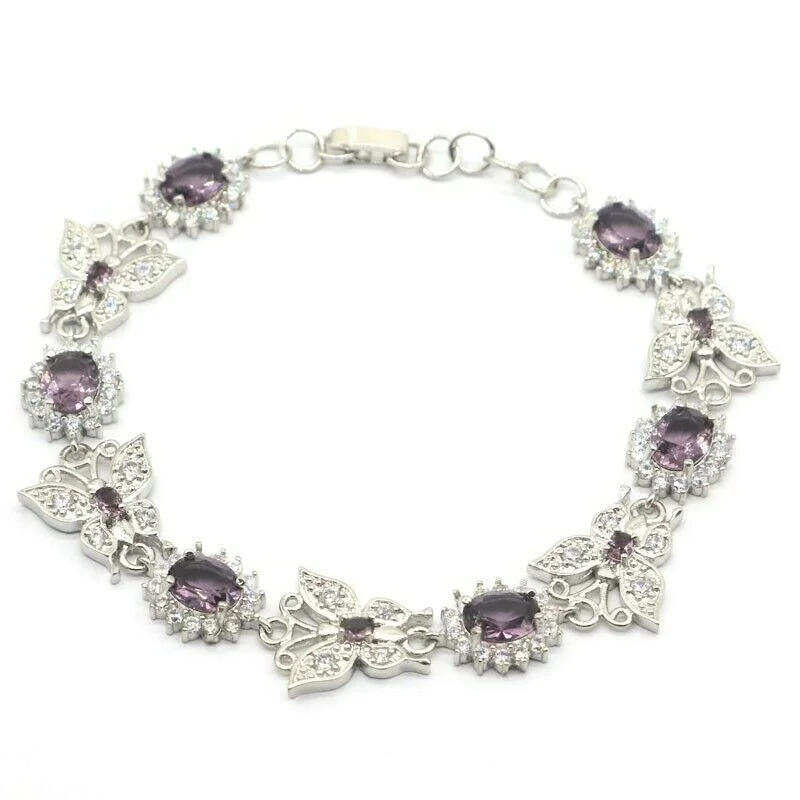 Elegant wedding bracelets for bridesmaids-18k White Gold Plated Created Amethyst Butterfly Tennis Bracelet