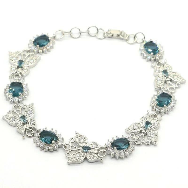 Luxury charm bracelets with birthstones-18k White Gold Plated Created London Blue Butterfly Tennis Bracelet