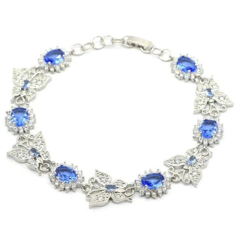 Trendy silver bracelets for women-18k White Gold Plated Created Tanzanite Butterfly Shape Tennis Bracelet