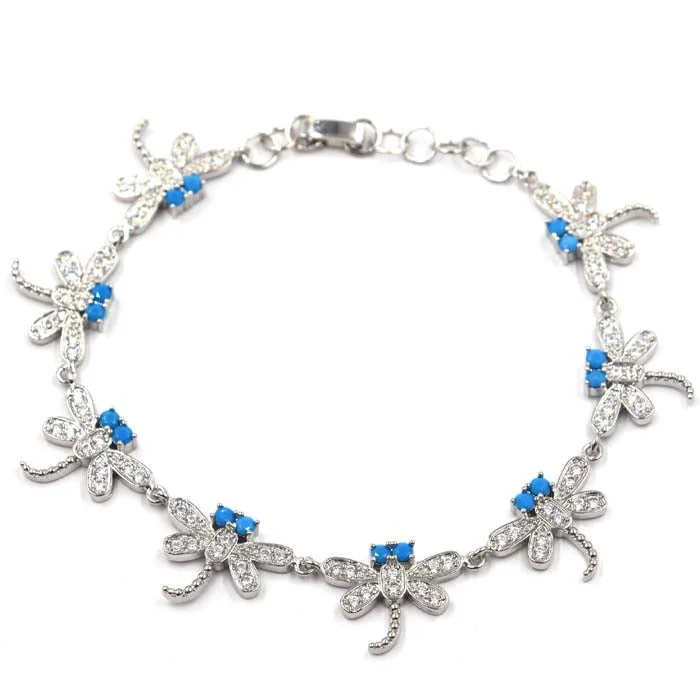 Gold bracelets with diamonds for women-Blue Turquoise Dragonfly Tennis Bracelet