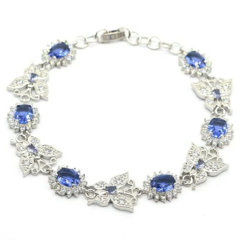 Fashionable stacking bracelets for women-18kt White Gold Plated Iolite Micro-Pave Butterfly Tennis Bracelet