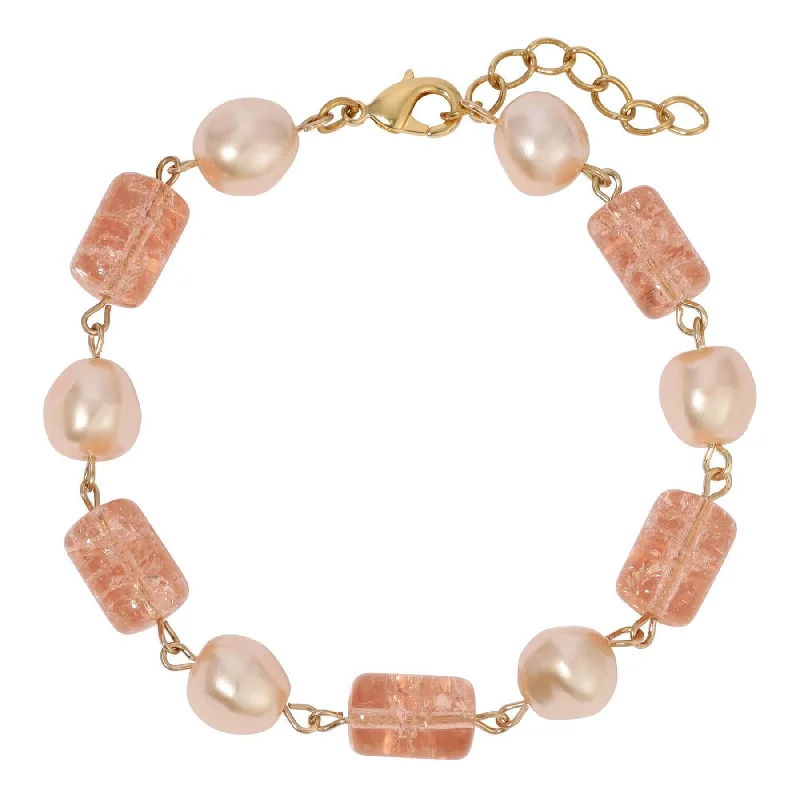 Gold bracelets with sapphires for women-1928 Jewelry Beaded Peach Cracked Glass & Champagne Faux Pearl Link Bracelet