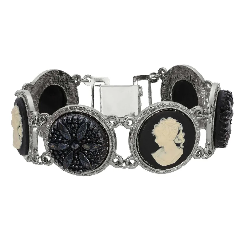 Women’s silver cuff bracelets with diamonds-1928 Jewelry Black Floral Glass Stone & Cameo Clasp Bracelet