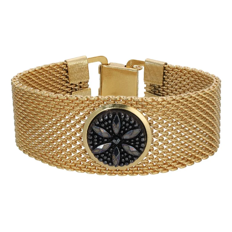 Trendy gold bangles for women-1928 Jewelry Black Glass Flower Gold Mesh Bracelet