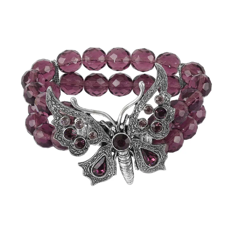 Fashionable pearl bracelets for women-1928 Jewelry Butterfly Amethyst Crystal Fire Polished Beaded Stretch Bracelet