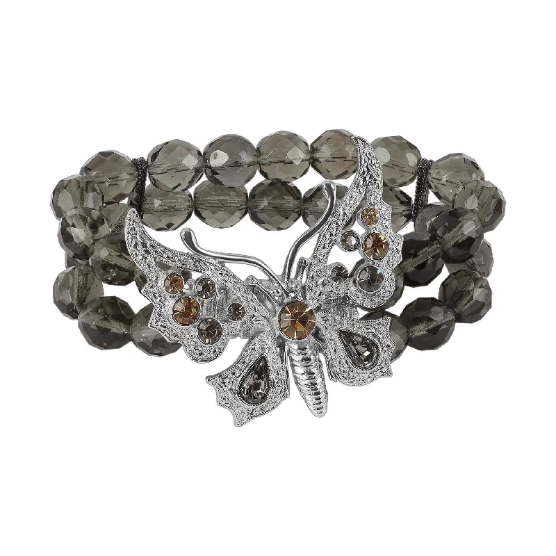 Women’s silver cuff bracelets with diamonds-1928 Jewelry Butterfly Light Topaz & Black Diamond Crystal Stretch Bracelet