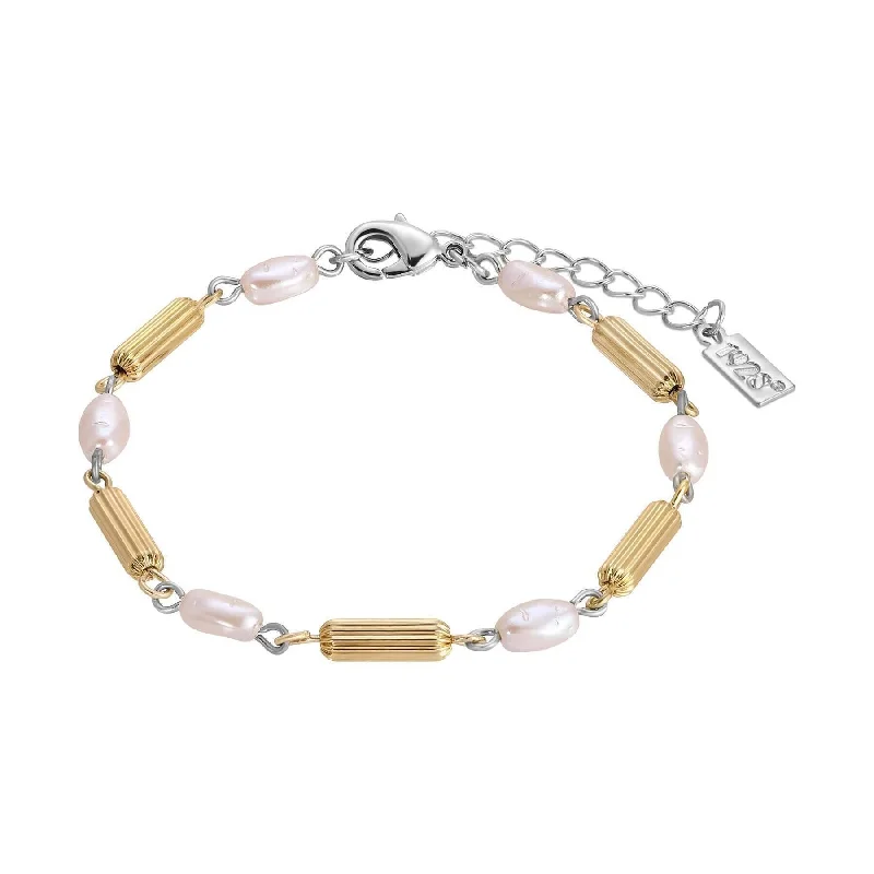 Women’s stackable bracelets with diamonds-1928 Jewelry Faux Pearl Rice Bead & Cylindrical Gold Tone Bead Link Bracelet 7" + 1.5" Extension