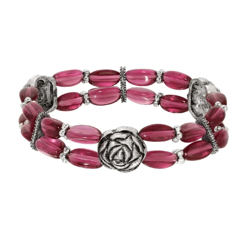 Minimalist silver bracelets for men-1928 Jewelry Fuchsia Beaded Rose Stretch Bracelet