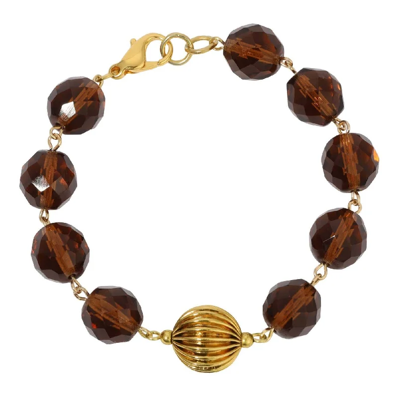 Adjustable leather bracelets for men-1928 Jewelry Glass Smoke Topaz & Corrugated Bead Link Bracelet