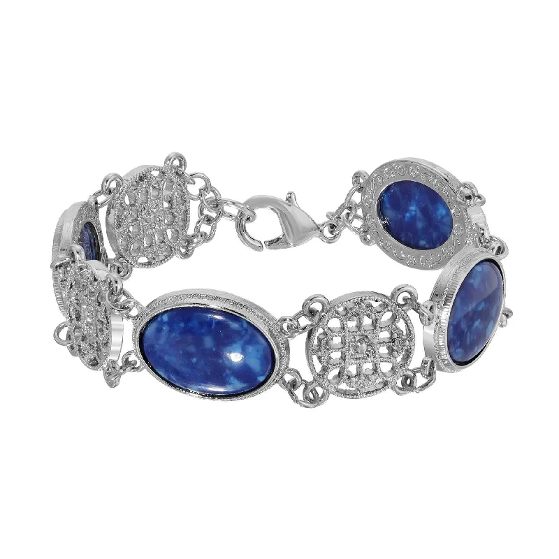 Personalized silver bangles for gifts-1928 Jewelry Meso Round Intricate Filigree Matrix Blue Stone Link Bracelet