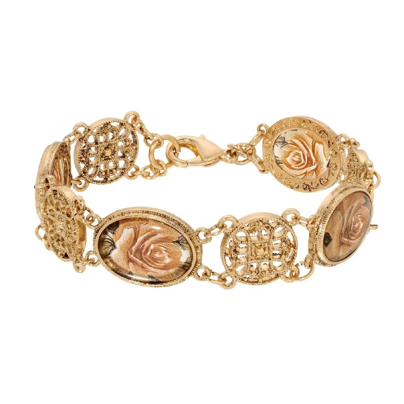 Elegant gold bracelets for weddings-1928 Jewelry Meso Round Intricate Filigree & Pink Rose Glass Stone Link Bracelet