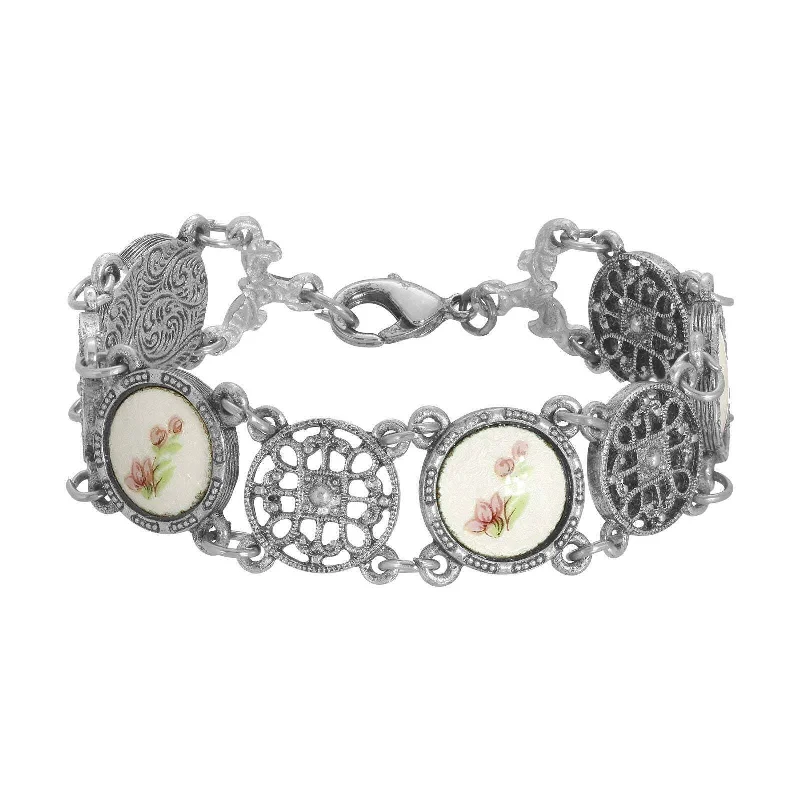 Custom bracelets for anniversary gifts-1928 Jewelry Meso Round Intricate Filigree Pink & White Stone Link Bracelet