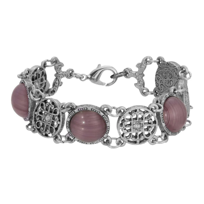 Vintage charm bracelets for women-1928 Jewelry Meso Round Intricate Filigree Purple Amethyst Quartz Glass Link Bracelet