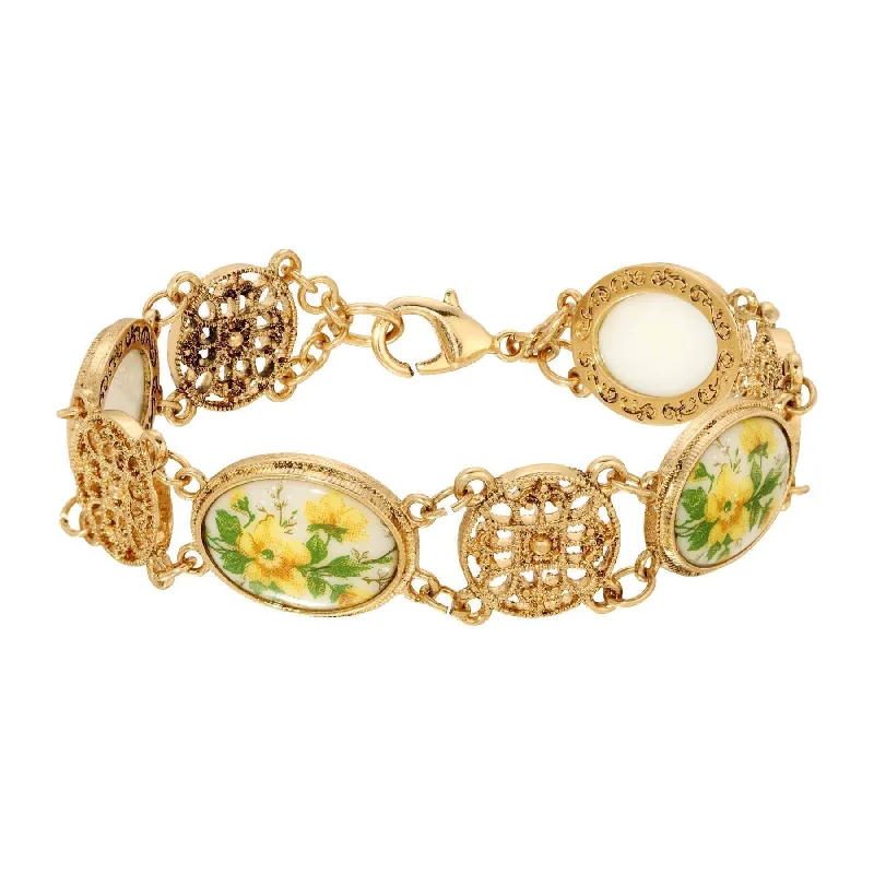 Adjustable gold bangles for women-1928 Jewelry Meso Round Intricate Filigree Yellow Flower Bloom Glass Stone Link Bracelet