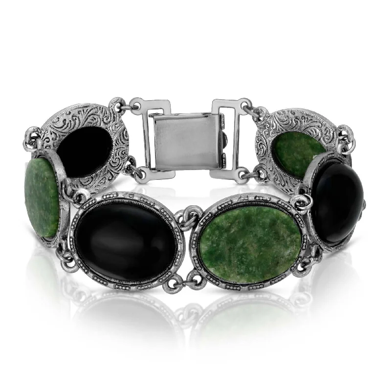 Custom sterling silver bracelets for women-1928 Jewelry Onyx & Jade Semi Precious Link Bracelet