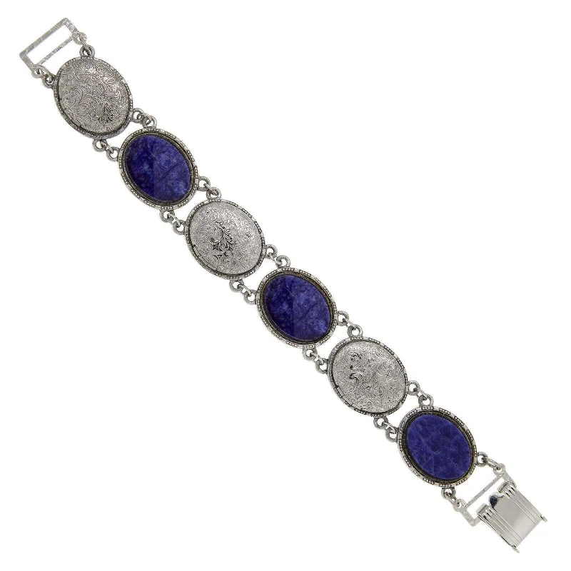 Custom engraved bracelets for couples-1928 Jewelry Oval Blue Sodalite Gemstone & Lockets Link Bracelet