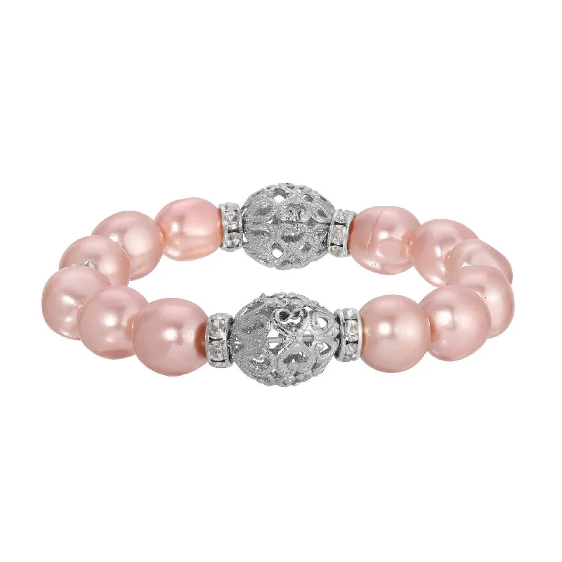 Custom gemstone bangles for women-1928 Jewelry Rosabella Pink Faux Pearl Filigree Puff Bead Stretch Bracelet