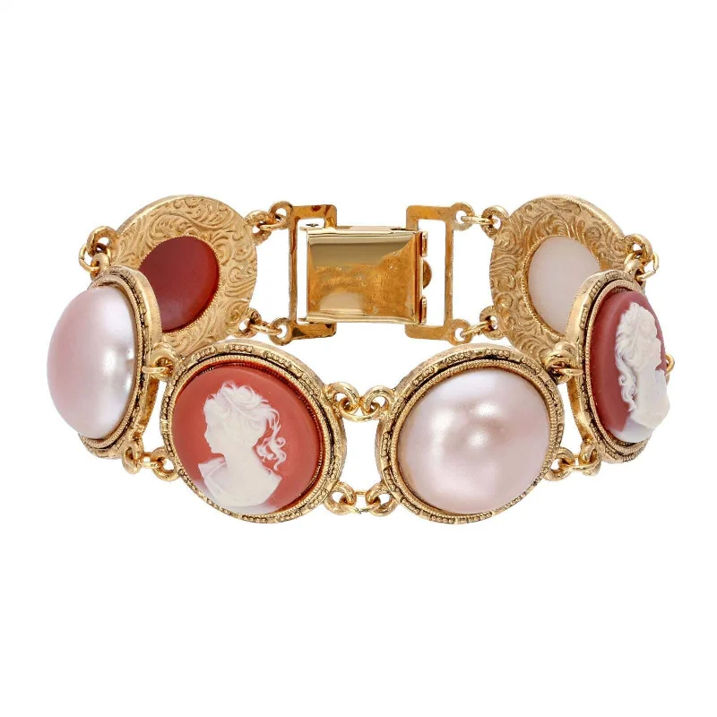 Personalized charm bangles for gifts-1928 Jewelry Rosabella Raspberry Peach Faux Pearl Round Carnelian Ivory Cameo Clasp Bracelet