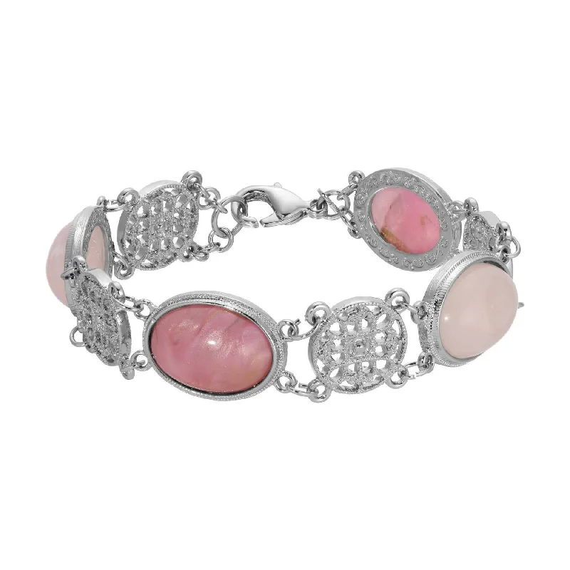 Custom initial bracelets with gemstones-1928 Jewelry Roseate Paradise Meso Filigree Oval Rose Pink Quartz & Pink Stone Link Bracelet