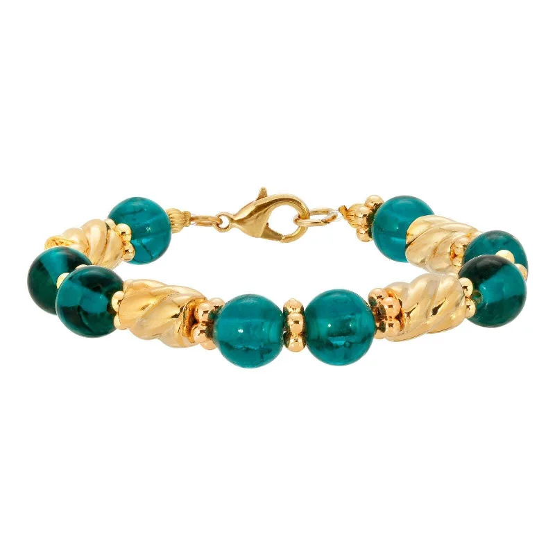 Simple adjustable bracelets for men-1928 Jewelry Teal Round Glass & Twisted Gold Tone Bead Bracelet