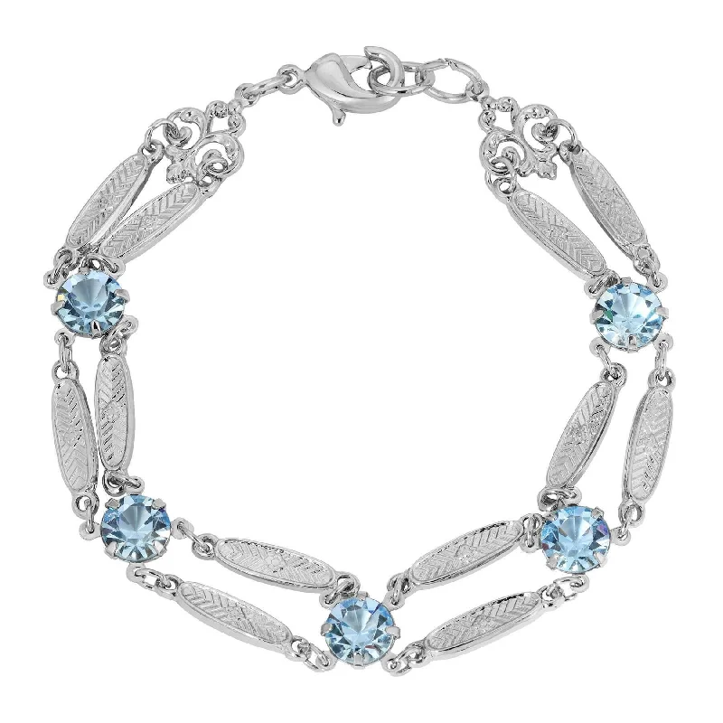 Designer silver bracelets with gemstones-1928 Jewelry Textured Flower Link Light Sapphire Blue Crystal Filigree Bracelet