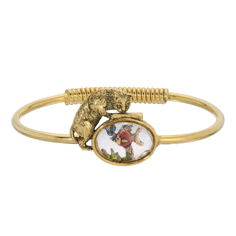 Men’s fashion bracelets with diamonds-1928 Jewelry Whimsical Cat & Fish Bowl Spring Hinge Bracelet