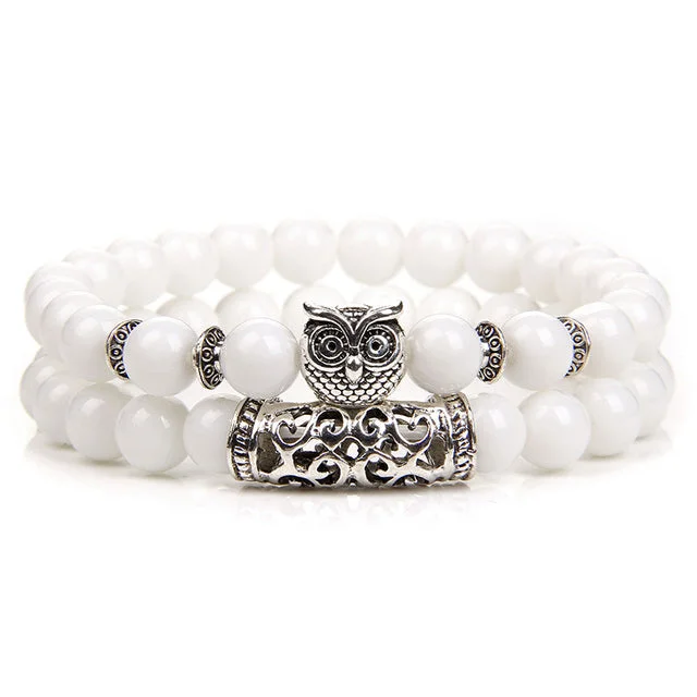 Custom friendship bracelets for couples-2 Pc 8mm White Jade Owl Bead Bracelet