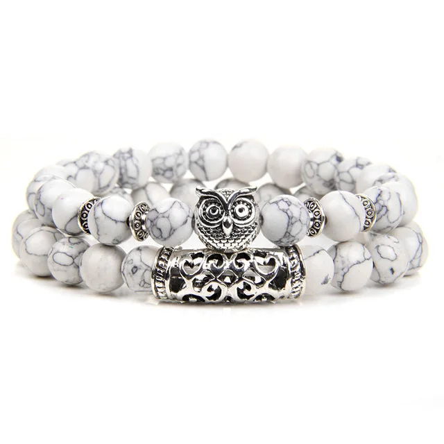 Vintage charm bracelets for women-8mm 2 Piece White Howlite Turquoise Owl Bead Bracelet