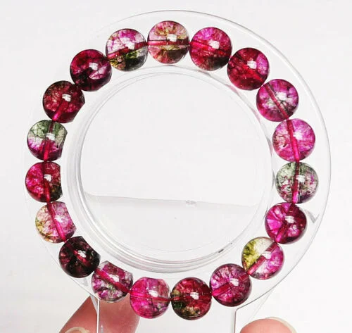 Trendy gold bracelets for casual wear-9.9mm Natural Watermelon Tourmaline Bead Bracelet