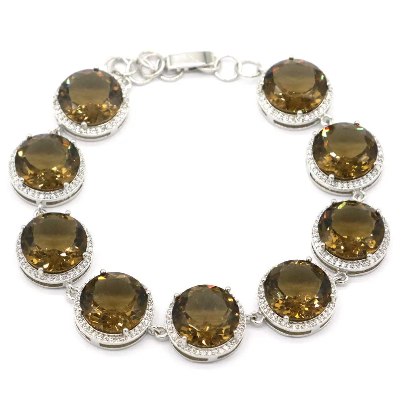 Unique gold bracelets with gemstones-925 Big Round Smoky Topaz Micro-Pave Tennis Bracelet