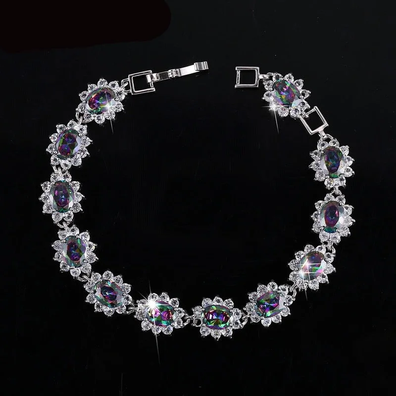 Trendy gold bangles for women-925 Oval Rainbow Mystic Topaz CZ Tennis Bracelet