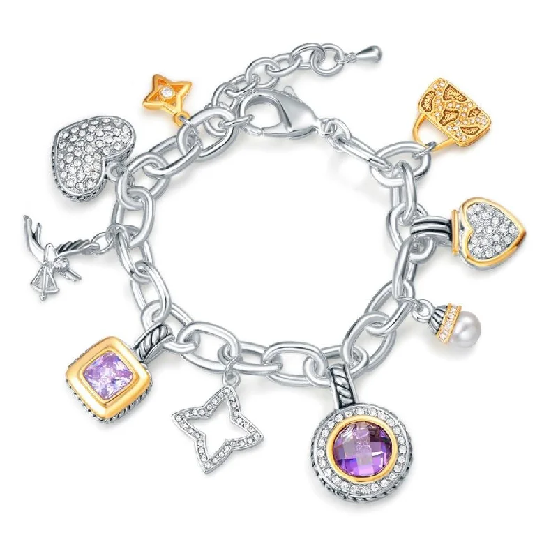 Custom friendship bracelets for couples-Amethyst Pave Heart Cupid Multi Charms Luxury Charm Bracelet