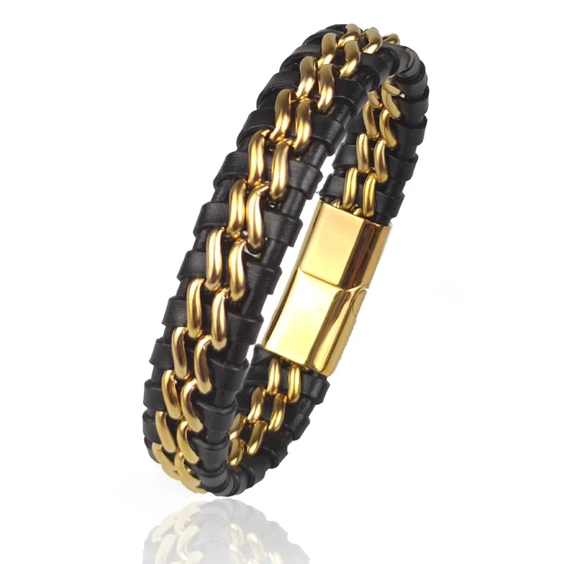 Personalized silver bangles for gifts-Black Leather Woven Gold Stainless Steel Magnetic Bracelet