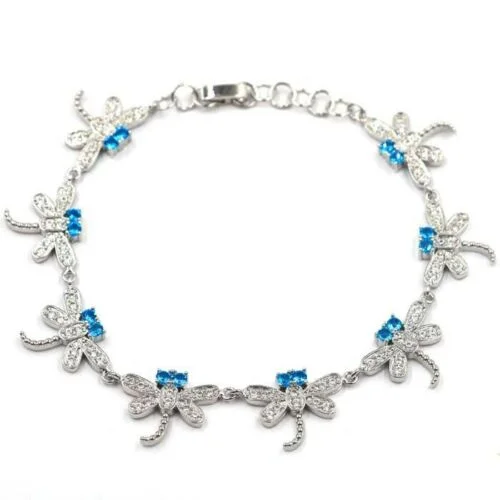 Simple leather bracelets for men-Blue Topaz CZ Dragonfly Tennis Bracelet