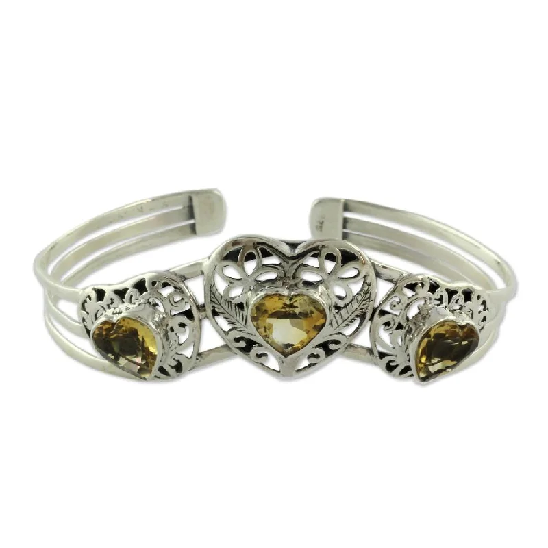 Men’s bracelets with unique designs-Citrine Cuff Bracelet, 'Golden Hearts' (India) - 7'6" x 9'6"