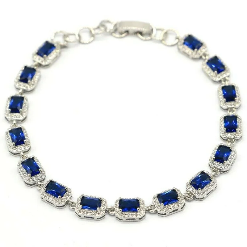 Unique silver bracelets for women-Created Blue Sapphire Gemstone Tennis Bracelet