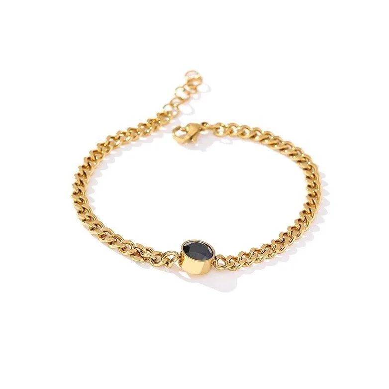 Custom engraved charm bracelets for women-Gold Link Chain Bracelet for Women with Black Crystal Charm