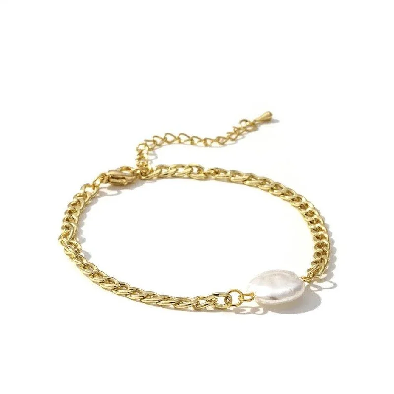 Simple gold bracelets with initials-Gold Link Chain Bracelet for Women with Pearl Charm