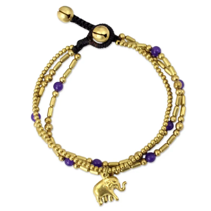 Custom engraved bracelets for couples-Handmade Brass Purple Elephant Charm Bracelet (Thailand)