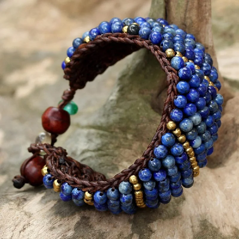 Designer bracelets for women with gemstones-Handmade Brass 'Thai Smile' Lapis Lazuli Bracelet (Thailand)