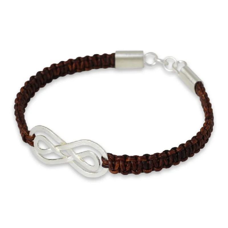 Unique charm bracelets with engraving-Handmade Leather Sterling Silver 'Double Brown Infinity' Bracelet (Thailand)