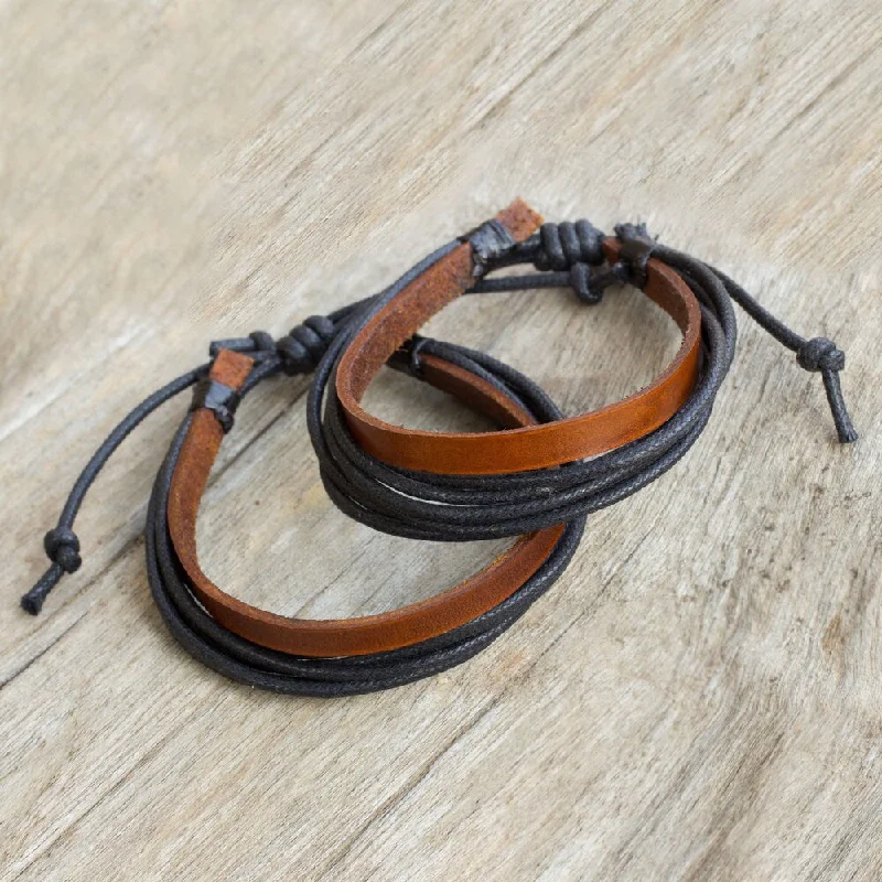 Custom signet bracelets for men-Handmade Set of 2 Men's Leather 'Bold Contrast' Bracelets (Thailand)