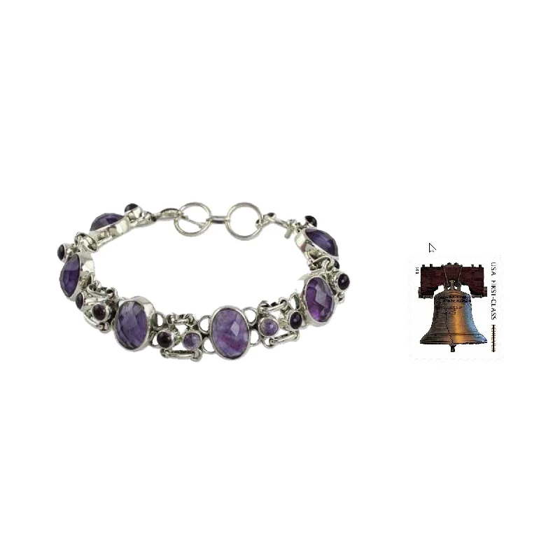 Custom name bracelets for women-Handmade Silver Amethyst Royal Purple Link Bracelet (India) - Royal Purple