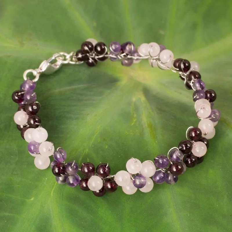 Custom silver cuff bracelets for men-Handmade Silver Plate 'Plum Blossoms' Multi-gemstone Bracelet (Thailand)