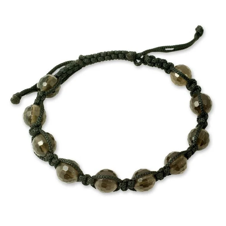 Custom bracelets with engraved names-Handmade Smokey Quartz 'Joyful Oneness' Macrame Bracelet (India)