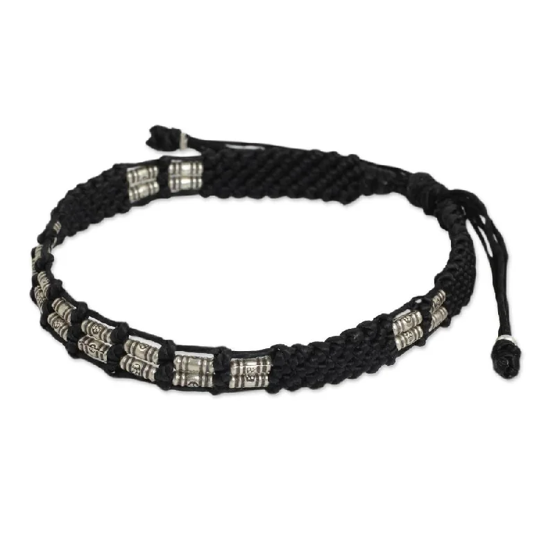 Custom charm bracelets for mothers-Handmade Sterling Silver 'Affinity In Black' Beaded Cord Bracelet (Thailand)