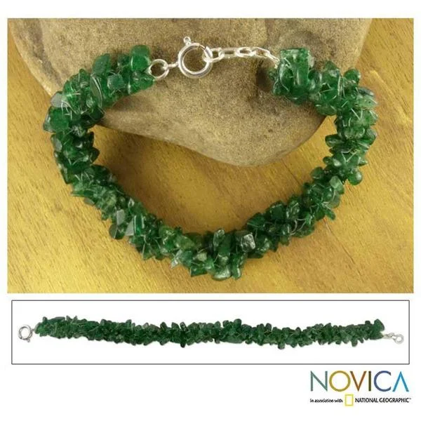 Personalized silver bracelets for couples-Handmade Sterling Silver Aventurine 'Evergreen' Beaded Bracelet (India)