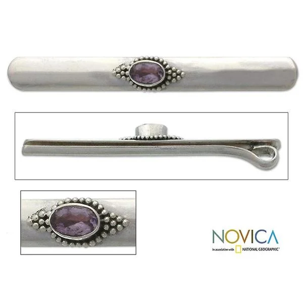 Unique friendship bracelets for girls-Handmade Sterling Silver 'Bold Spirit' Amethyst Tie Clip (Indonesia)